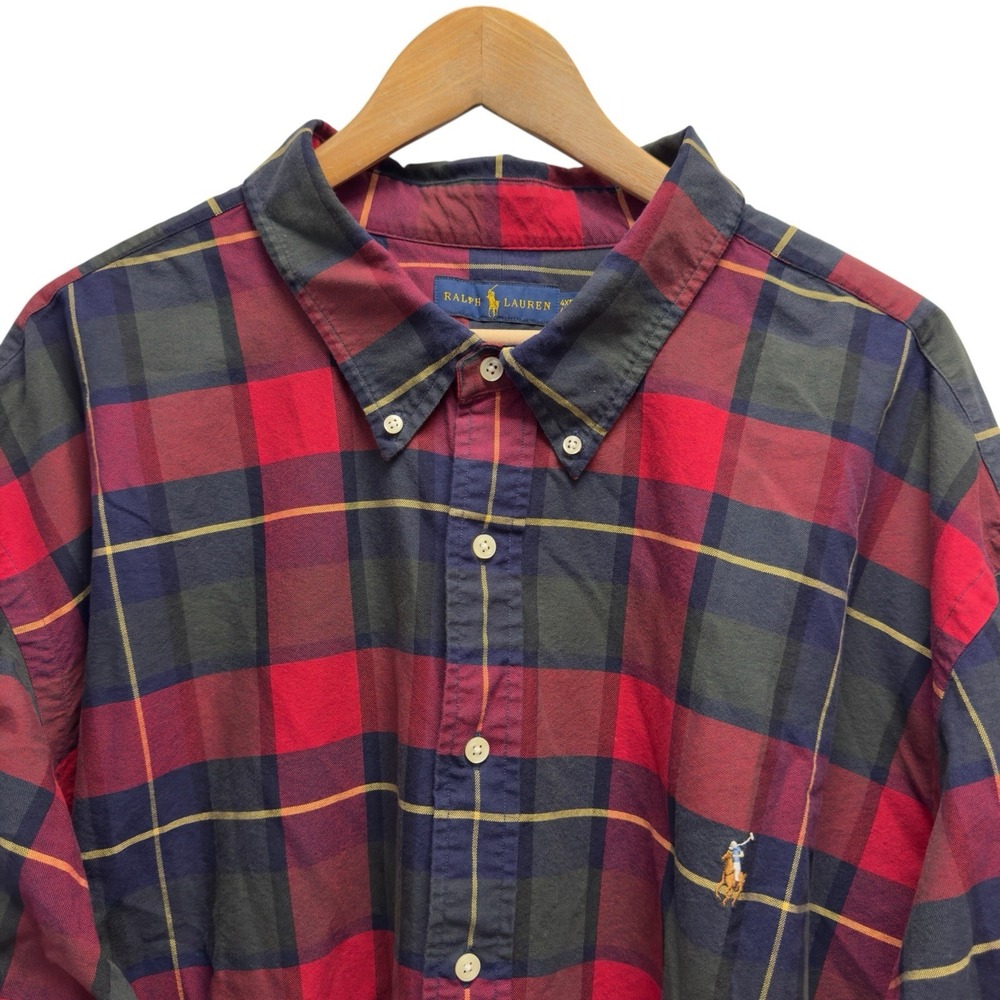 Ralph Lauren Men's 4XB Big Red/Green/Blue Plaid Oxford Flesh Pony Logo Shirt euc